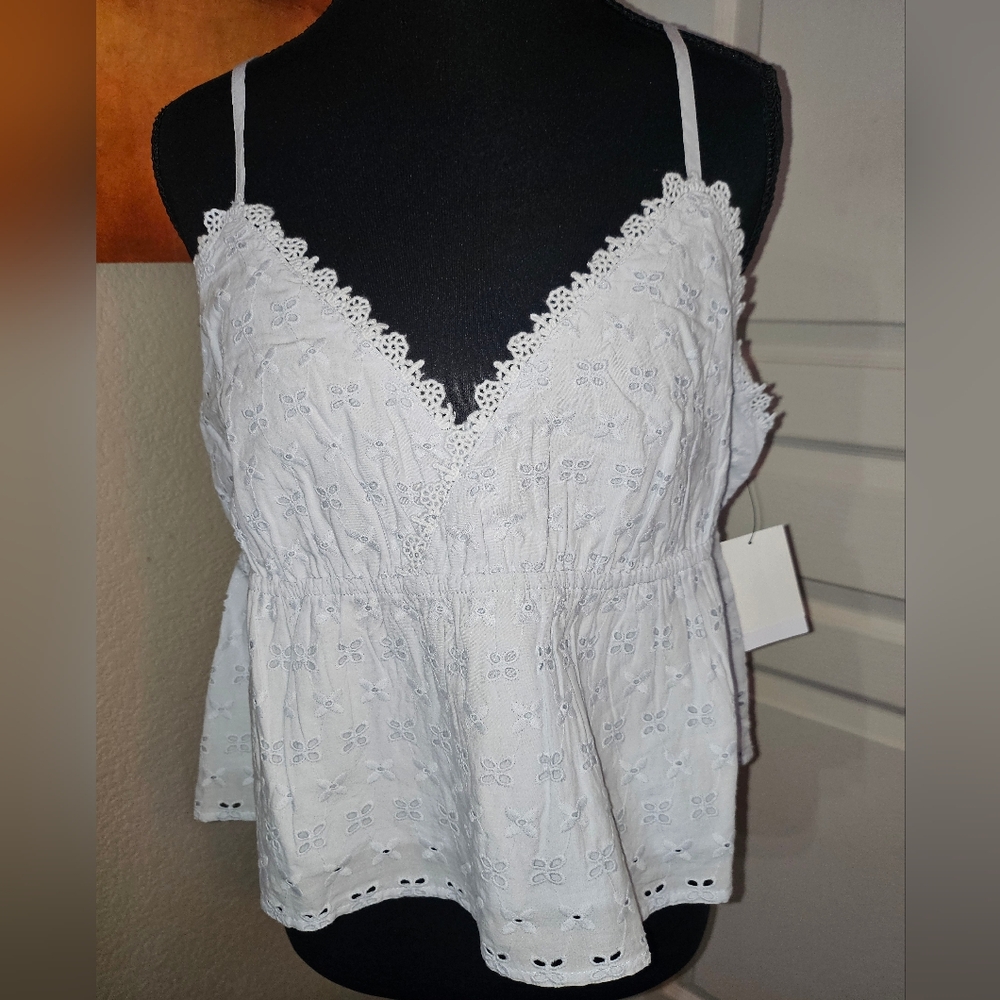 Abound Pale Baby Blue Eyelet Peplum Camisole With A Smocked Back--100% Cotton
